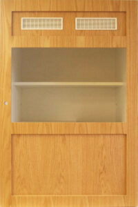 Wooden cabinet with a glass front, an interior shelf, and two rectangular vents at the top.