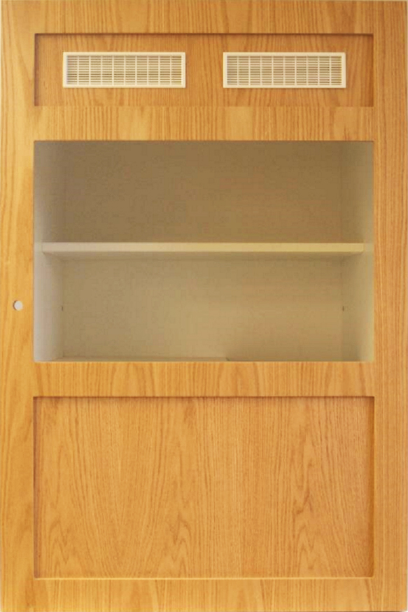 Wooden cabinet with an open shelf and two vent slots at the top, set against a plain background.